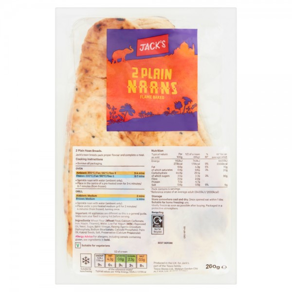 Jack's 2 Plain Naans Flame Baked 260g